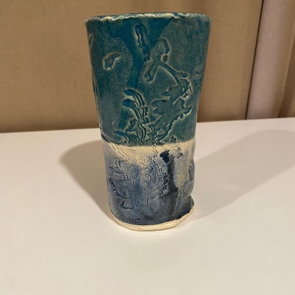 Studio Pottery‎ Vase Coastal Glaze 6” Blue Green Foliage & Bird Art - Picture 2 of 5